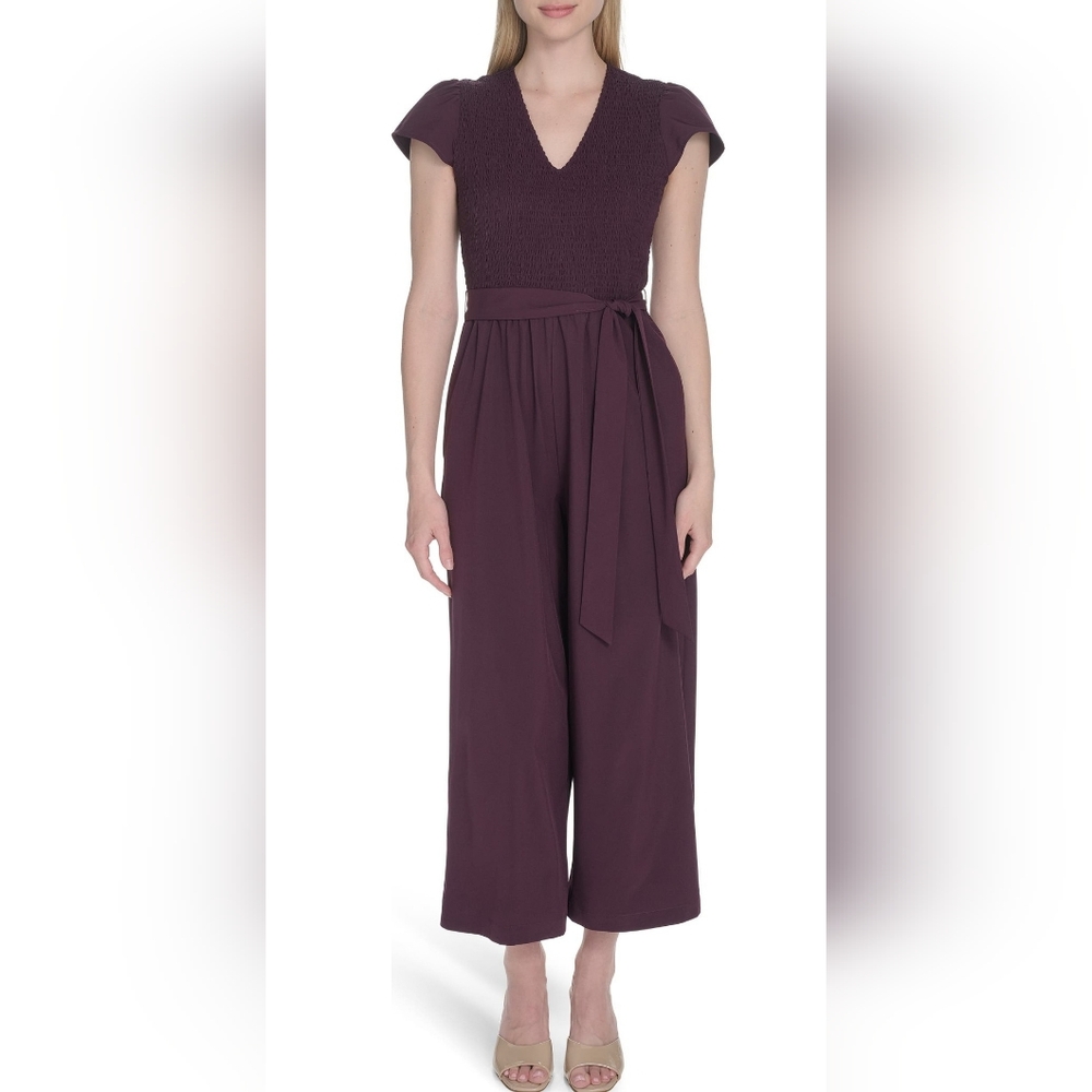 Calvin Klein Deep Plum Cap-Sleeve Jumpsuit with Tie Waist